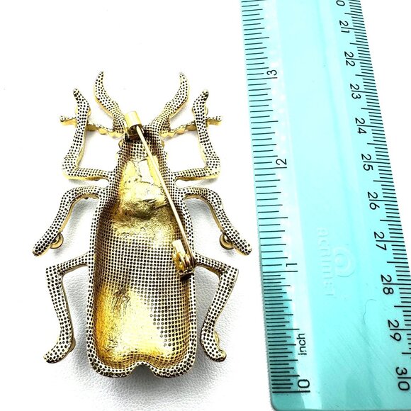Bug Beetle Brooch Pin Blue Enamel Multicolor Rhinestone Gold Tone Statement - Picture 3 of 3